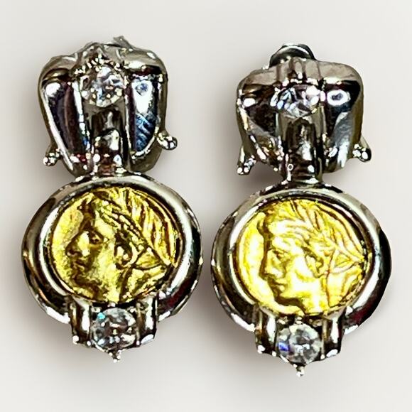 VTG Danecraft Gold and Silver Tone ROMAN COIN Clear Crystal Dangle Drop Earrings - Picture 1 of 12